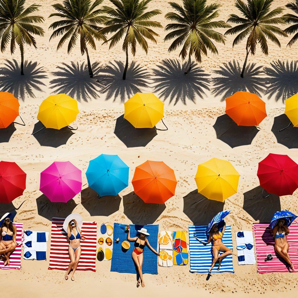 A stylish beach setting showcasing a diverse group of fashionable individuals in chic swimwear and beach attire, lounging under vibrant umbrellas, with palm trees swaying in the background. Colorful beach towels are scattered around, and accessories like wide-brimmed hats and sunglasses add flair. The image should evoke a sense of relaxation and style, perfect for summer vibes. vibrant colors. super-realistic.