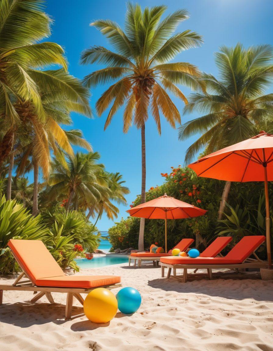 A vibrant beach scene showcasing a variety of stylish swimwear on mannequins and sunbathers, with sandy shores in the background and a luxurious poolside setting. Include colorful beach umbrellas, tropical drinks, and playful beach balls to enhance the summer vibe. Soft sunlight filtering through palm trees and a clear blue sky will add to the atmosphere. super-realistic. vibrant colors. warm tones.